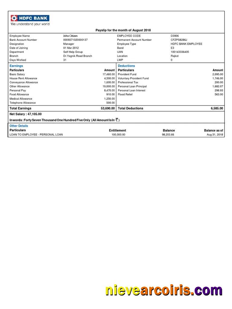 India HDFC bank payslip